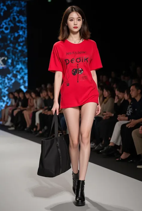 DKs k-pop runway fashion image features a beauty korea women,litle fat.odel,clean and well-groomed face, spoiled face. patterned with the word Dedik in unique shapes. wearing a red DK t-shirt, carrying a plain black tote bag.medium leght layered hair,The s...