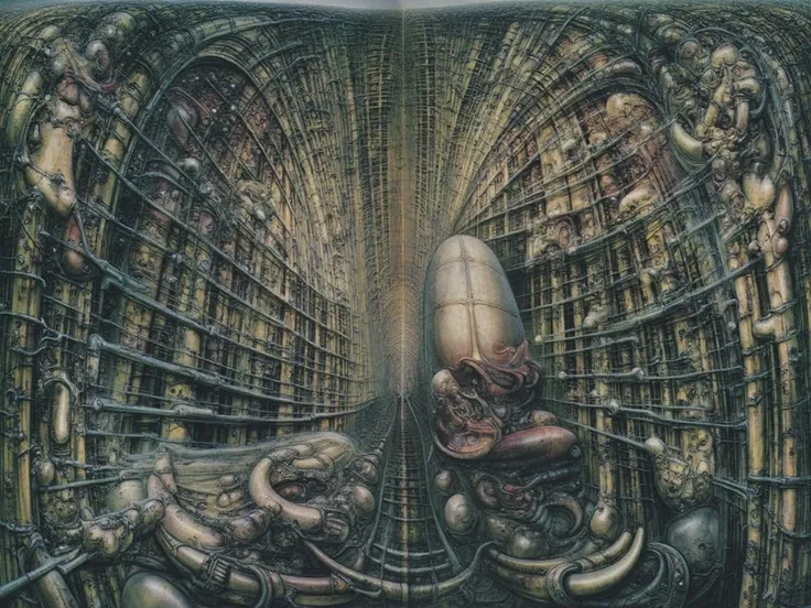 H. R. Gigers g1g3r, , Giger_style, Giger_style, The image is a detailed view of H.R. Gigers " Landscape XVI " plate, featuring a complex network of bones and organs in a purple-brown hue ,swirling gray and brown colors. The artwork is silver and purplish b...