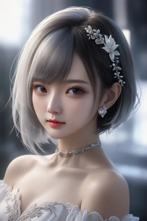 (masterpiece:1.3), (【8k, realistic,  original photo,  Best Image Quality : 1.4),  Skin White Fairy 、long hair、, Cutting:2.0、 Ultra-Fine Face 、attention to detail、 Double Eyelids、 Bring your chest together 、  Sharp focus  :1.2、Beauty:1.4、 silver white hair ...