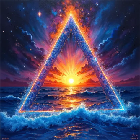 Create a vivid, hand-painted artwork resembling a cosmic and mystical painting for an album cover. The composition should center on a glowing triangular portal, radiating vibrant neon blue (#00FFFF) and fiery orange (#FFA500) hues. The edges of the triangl...