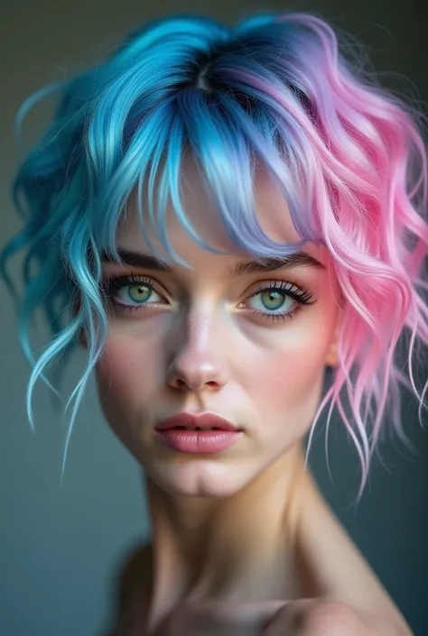 portrait of a beautiful croatian woman with asymmetrical gradient blue and pink hair and green eyes, epic character composition, sharp focus, natural lighting, subsurface scattering, 85mm lens, pale skin, (intricate neon blue wavy short hair with pink ends...