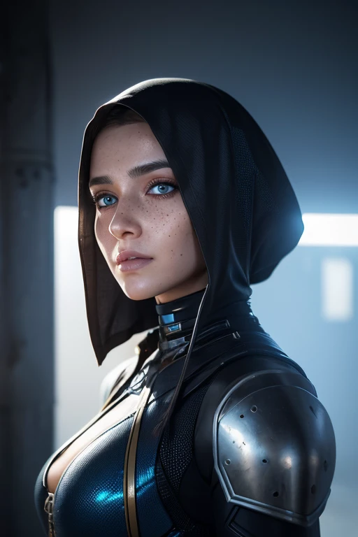  Arabian Woman with Freckles and Blue Eyes Standing in Front of a Wall, Realistic portraits,  8K Portrait Rendering , Realistic face 、Atmospheric lighting,  cyberpunk art ultra realistic 8k,  hyperrealistic cyberpunk style,  soft portrait shot 8k , 8K Real...