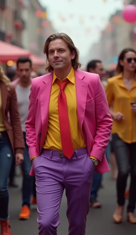 A 30 year old young man with a smooth white face, a slightly fat body, neat long hair, a pink jacket, a yellow shirt, a bright red tie, purple trousers, orange shoes,Walking in the middle of a crowd of people who are partying