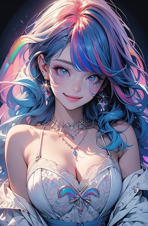 ((    Masterpiece:1.2)).8k、  sexy、  Bump in the center  、Beauty、 yandere、 chest tattoo 、 Christian Dior Necklace、(      White background     )、(( lace dress))、((   blue hair)).(((       Hair Rainbow    :1.35)).((Laugh gently)).