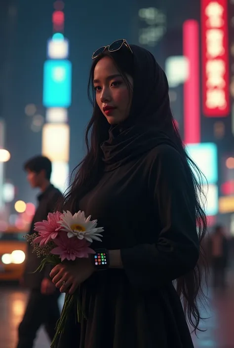 (photorealism:1.2), beautiful japaneese woman(curvy body), (a pose) leaving the man behind and holding on flowers,  long black hair in pasmina hijab, sunglasses in her head, perfect makeup red lips, iwatch, wearing polite long black dress, high heels, cent...