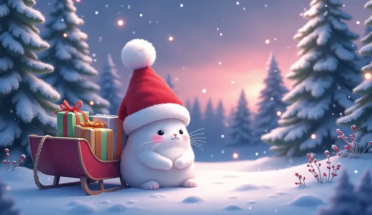 An anime-style, A snowy forest clearing bathed in soft twilight hues, featuring an adorable, fluffy white rabbit wearing a vibrant red Santa hat with a fluffy white pom-pom. The rabbit sits next to a small wooden sled painted in festive red, filled with mi...