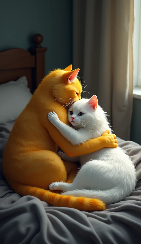 The muscular yellow cat and the white cat with long hair and a chest are lying together in bed, hugging in the bedroom. The room is dimly lit, and a blanket is draped over them from the waist down.