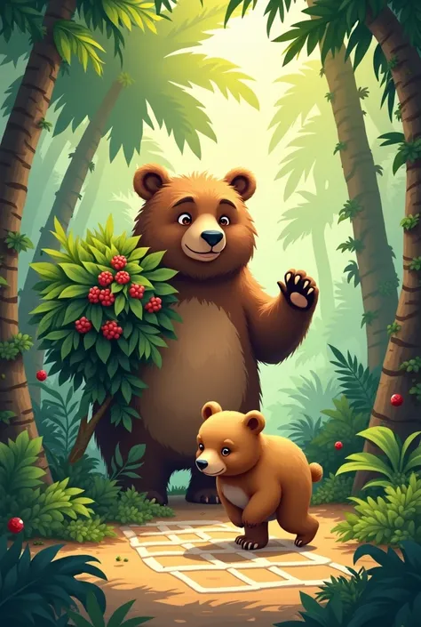 illustration of a bear in a jungle  counting One, two, three... Behind a berry bush, a baby bear was playing hopscotch all by himself,