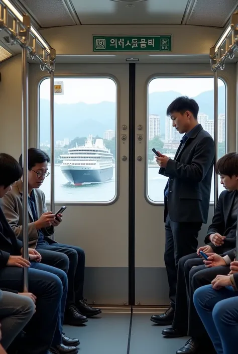 I am standing on a train passing by the Hangang Bridge in Seoul. There are long chairs attached to the wall next to the left and right entrance doors of the subway train. People are sitting or standing on chairs and holding handles. Most of them are lookin...