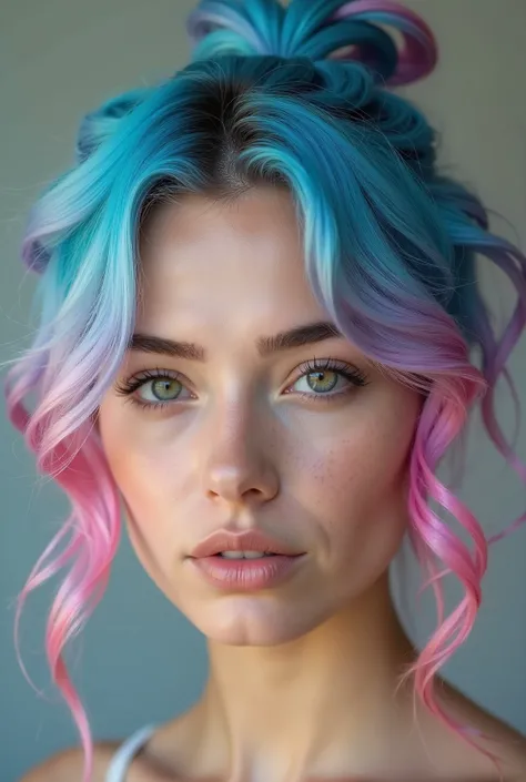 portrait of a beautiful croatian woman with asymmetrical gradient blue and pink hair tied in a ponytail and green eyes, epic character composition, sharp focus, natural lighting, subsurface scattering, 85mm lens, pale skin, (intricate neon blue wavy short ...