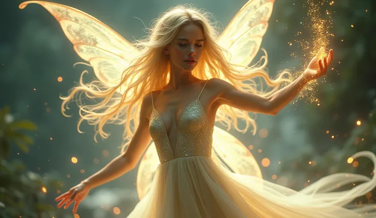 Fairy with blonde hair raises her arm twists flies 