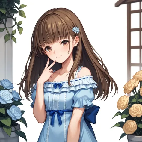 score_9, score_8_ up, score_7_ up, score_6_ up, score_5_ up, score_4_ up,  One girl , Brown Hair,  long hair, brown eyes,Light blue outfit、 anime style、 cute、garden