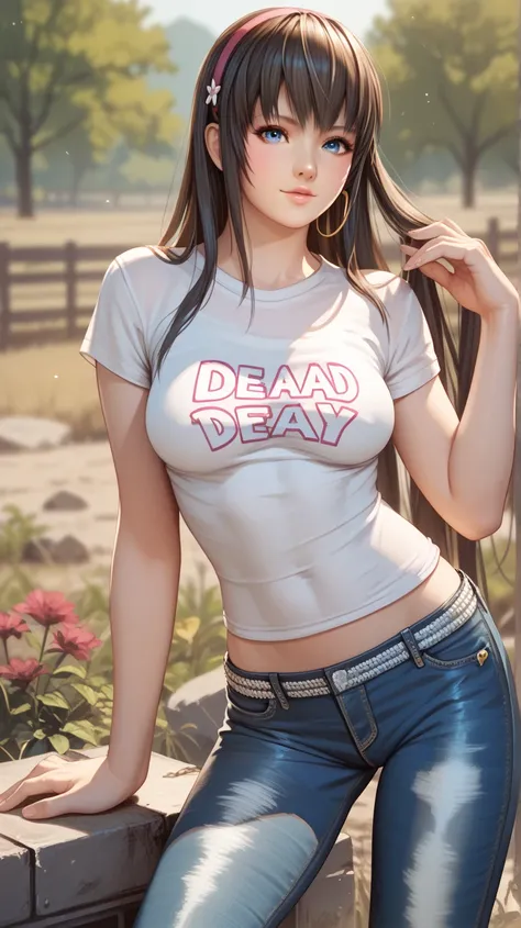 Sexy Hitomi de dead or alive,  long hair, breasts,  t-shirt,  skinny jeans, In a wasteland,   blue eyes, pose sexy