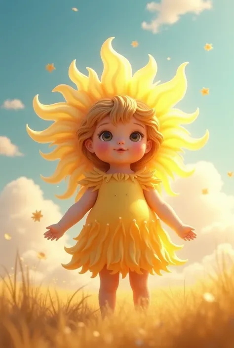 " An adorable  standing ,  wearing a sun costume with bright golden rays ,  surrounded by fluffy and soft clouds .  She is at the center of a soft and enchanting landscape ,  with the clear sky and golden tones illuminating the scene .  The sun seems to co...