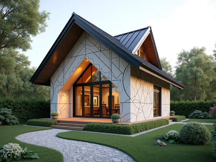 Crave a visually stunning small house elevation, traditional gable roofs, envision a meticulously designed space with geometric patterns, unique sculptures, creating a sensory masterpiece.