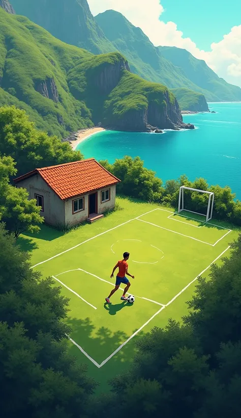  The animation begins with an aerial view of the island of Madeira. A simple house appears , and a  (Cristiano Ronaldo) is kicking a ball on a makeshift field .