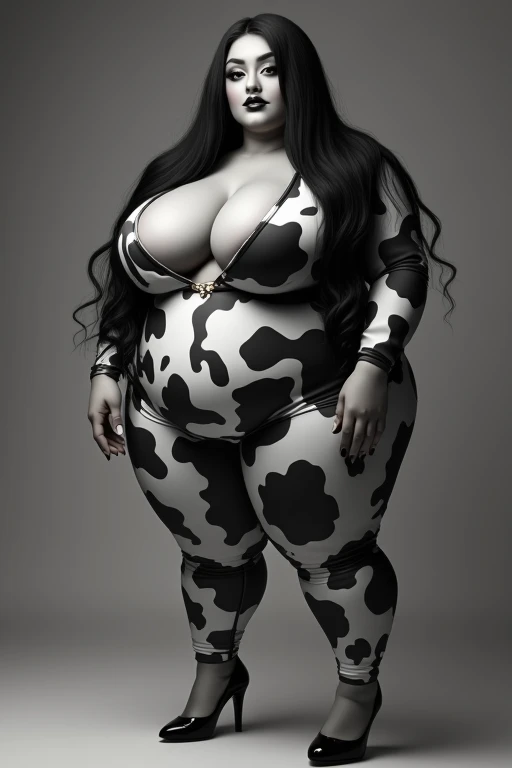 ((Bbw)), ((plumpy woman)), ((tall)), (milf), puffy cheek, plump face, (middle eastern), long black straight hair flowing behind, beautiful, big boobs, wide hips, wearing a cow spandex suit with small black heels, lipstick, eyeshadow, (realistic masterpiece...