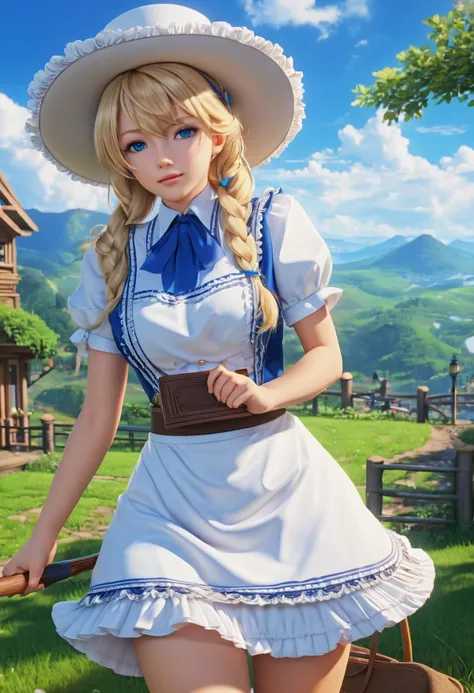 ((masterpiece)), ((best quality)), ((highres)), ((detailed background)), ((extremely detailed CG unity 8k wallpaper)), solo, shiona, blonde hair, long hair, blue eyes, hair tuft, cowboy shot, outdoors, ((maid outfit))
