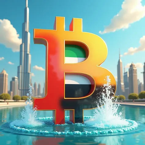 A 3d cartoonistic styled image of a Bitcoin with UAE flag with Burj khalifa, water fountain. Set scene accordingly. 