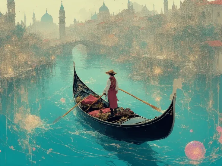 Illustration of a traveler riding a gondola around a floating city、Anime/manga style