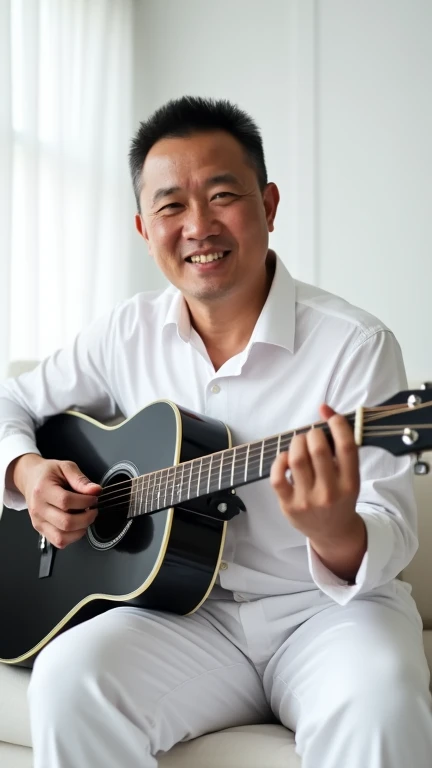  Pria Indonesian, 35 years ,  short hair, kemeja putih, celana putih,  sitting white sofa ,  playing glossy black acoustic guitar,   all-white room , a little fat, close up, front view