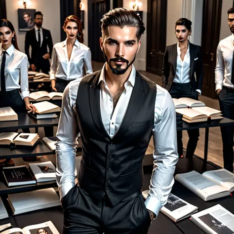 in the style of Charlie Bowater, (UHD), man in a suit shirt (white), black cloth trousers, long, gaunt face, goatee, designer, black notebook in his hand, long face, deep lying gray eyes, in a hall surrounded by models changing their clothes, hawkish look,...