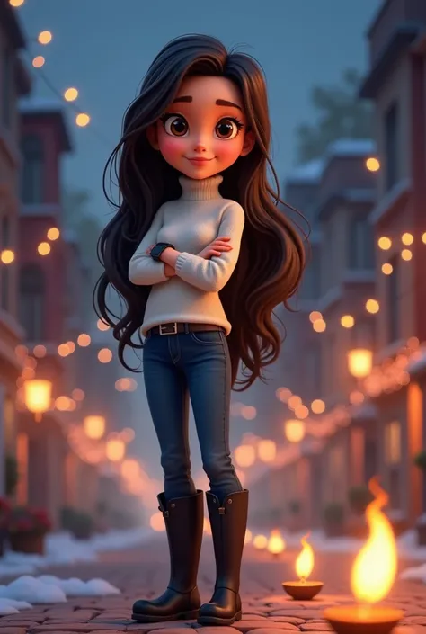 
i want you to create cartoon image of a girl wearing black long boots, long hairs till waist, dark blue jeans, white turtle woolen top, standing straight hands at back, and legs folding. but face is toward left , hair layers on her face and lighting in th...