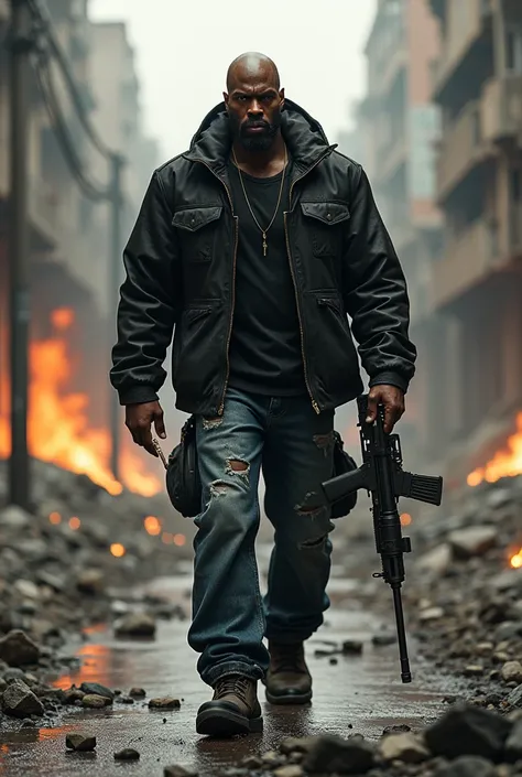   A fat bodied black man ,short stature,big shiny bald head, wears ripped black jacket , ripped jeans ,nibbling cigarette , boots , carrying sof gund , walks amid embers , Night atmosphere in the middle of a broken city, super realistic 