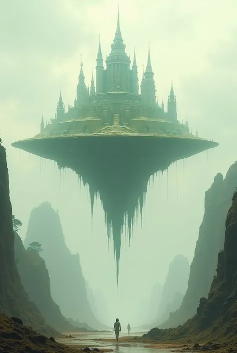 Laputa, a sky island floating in a place that looks like a pale apocalypse