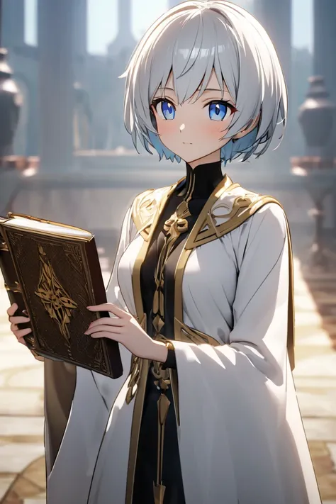 best quality
3D anime
gender :  female

Age : 22 years old

Appearance :

 short hair with silver hair 、 features blue eyes 。

 slender figure that creates an intellectual atmosphere 。

 wears a light robe based on white and gold、 makes you feel dignified ...