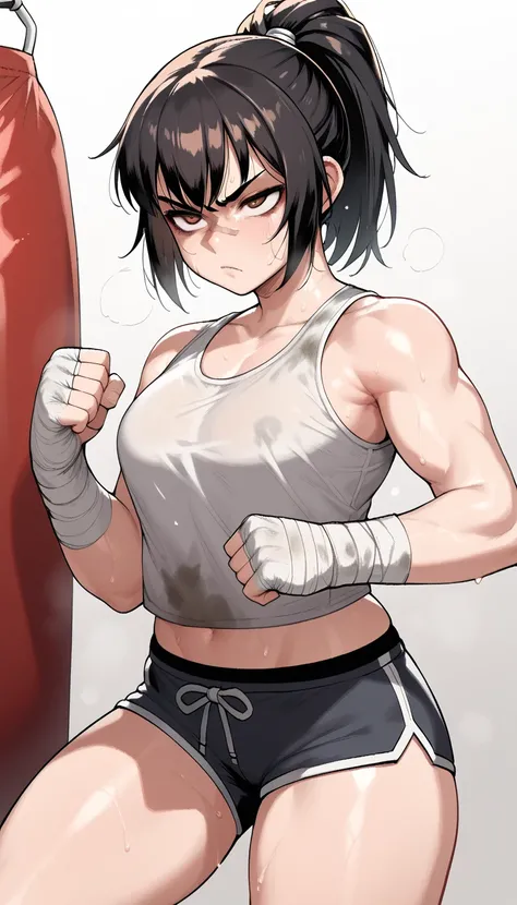 score_9, score_8_up, score_7_up, score_6_up, score_5_up, score_4_up, 1girl, black hair, ponytail, bangs, detailed eyes, detailed face, scar on nose, serious, sharp eyes, brown eyes, white tank top, dirty tank top, sweaty clothes, breasts, boxer shorts, han...