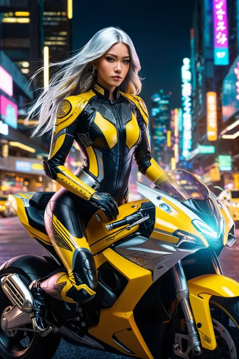 A female rider with fair skin and long silver hair, positioned confidently on a futuristic motorcycle. She wears a sleek, yellow and black rider suit, intricately detailed with tattoos across her arms and neck. Her face, with delicate features, is centered...