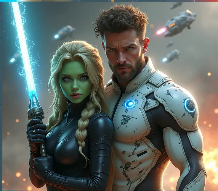 2 characters, 1  muscular human white man with short brown curly hair and beard, pale grey eyes, handsome, wearing damaged dirty white sci fi superhero suit with blue sci fi patterns, with black undersuit, holidng energy sword, full body, with female green...