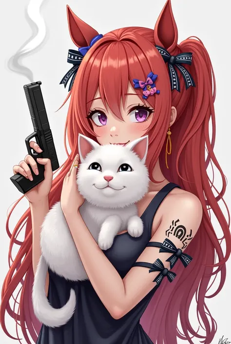 3d drawing, word text, meeyou, logo design, spider pattern tattoo, angel wings, hugging white cat, holding gun, smoke, girl, Long hair,  portrait,  looking at the audience ,  redhead, smile,  horse face,  simple background,  horse faceระหว่างตา, Hair bow, ...