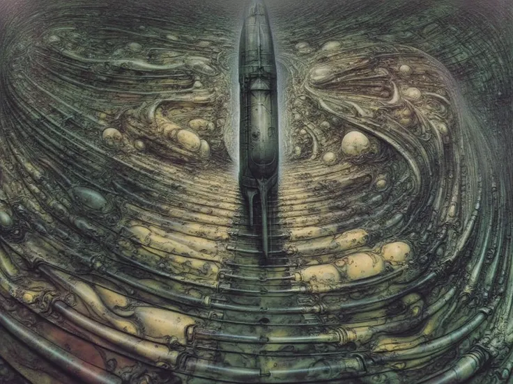 H. R. Gigers g1g3r, , Giger_style, Giger_style, The image is a detailed view of H.R. Gigers " Landscape XVI " plate, featuring a complex network of bones and organs in a purple-brown hue ,swirling gray and brown colors. The artwork is silver and purplish b...