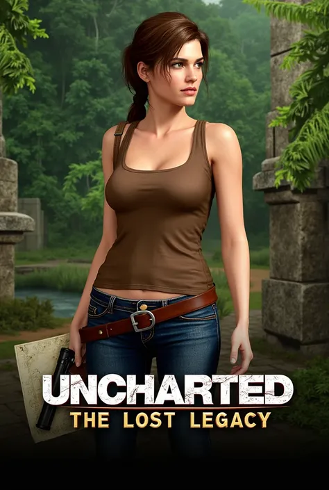 The image is a promotional poster for the video game "Uncharted: The Lost Legacy".
It features a female character, Chloe Frazer, standing in the foreground.
Chloe is holding a map in her left hand and a gun in her right hand.
She is wearing a brown tank to...