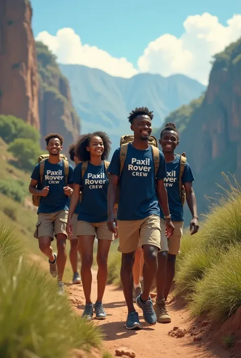 African Youths on a hike with khakis shorts and navy blue tshirts written paxil rover crew 