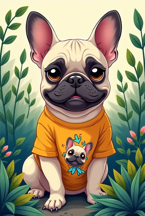 French bulldog in a cartoon t-shirt with plants