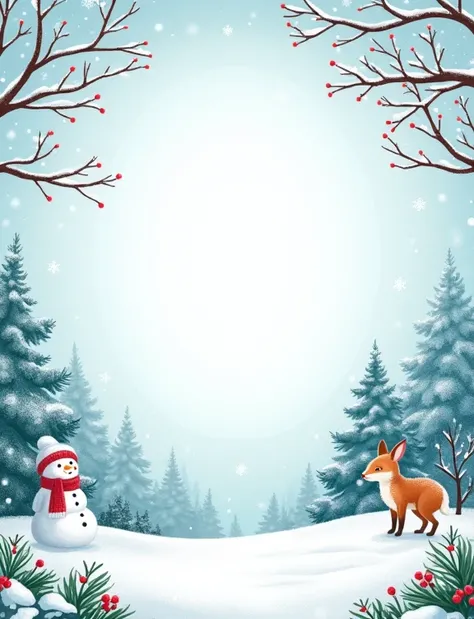 A delightful ren’s book background illustration of a snowy winter wonderland. At the bottom and corners, add snow-covered trees, a small snowman, and woodland creatures like a rabbit or fox peeking out. Include subtle snowflakes falling and tiny red berrie...