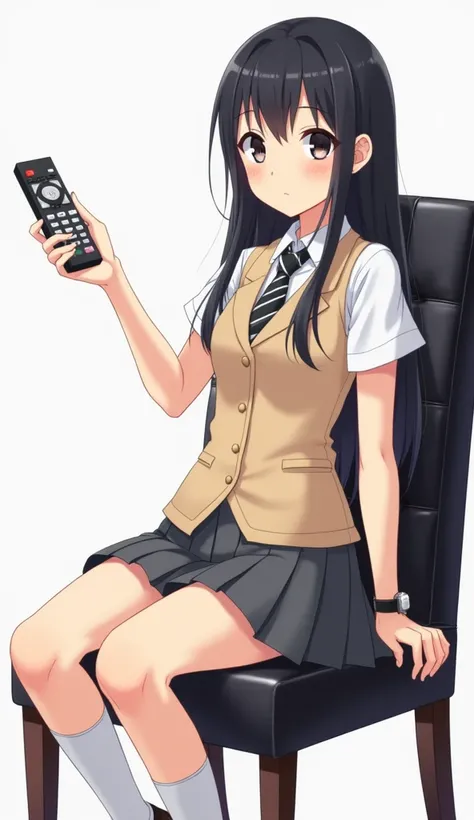  An anime girl in school attire 
Hair : long, smooth and well-kept ,  with bangs that frames his face .
 expression:  A warm and friendly smile ,  that transmits gentleness and youthful energy .
 uniform : Short sleeve white shirt and black watch with a sl...