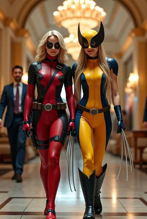  of a  girl ,blond, wearing deadpool costume and a  girl,dressed in wolverine costume ,  smiley facial expression , walk together,  fancy mall room background ,  fancy lamp , man walking , realistic image, HD quality