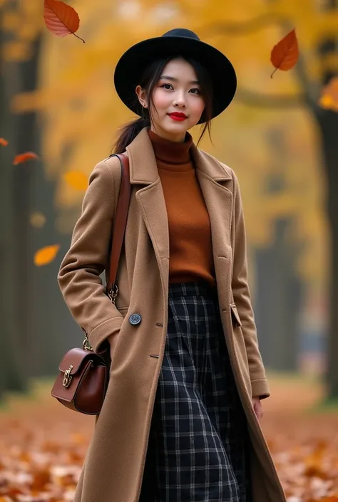  young asian woman standing in front of fuzzy, falling leaves, autumn, fantasy forest background. She wears a long brown tweed coat, a brown turtleneck, a long black plaid skirt, brown black hils, standing legs on a raised one, freestyle hand poses, smile ...