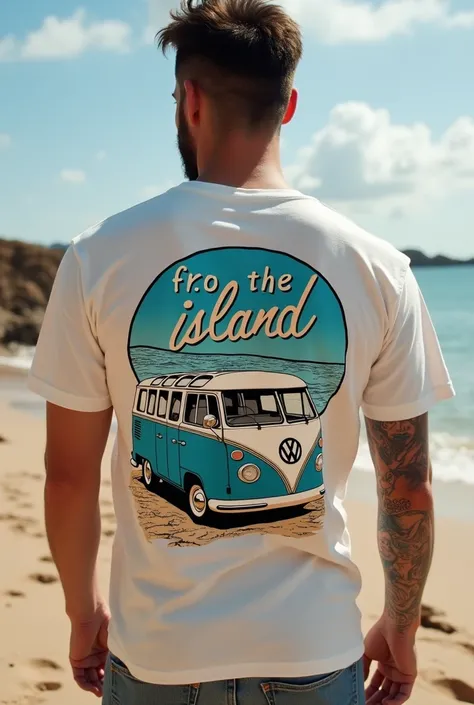  t-shirts Create a t-shirt with a design on the back of a bus that has an Icelandic script written on it and has a beach background on the back.  A slogan that says  "from the island "  and that has the style of the nude project and stussy 