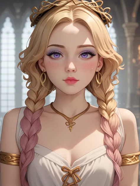 1woman, Ranni the Witch, porcelain skin tone, pretty face, gorgeous purple eyes, long gold flowing hair, loose dress, bright pink blush, blonde adult, 30-years old woman, humble face, confident eyes, has a crush on you, simple white dress, golden bracelets...