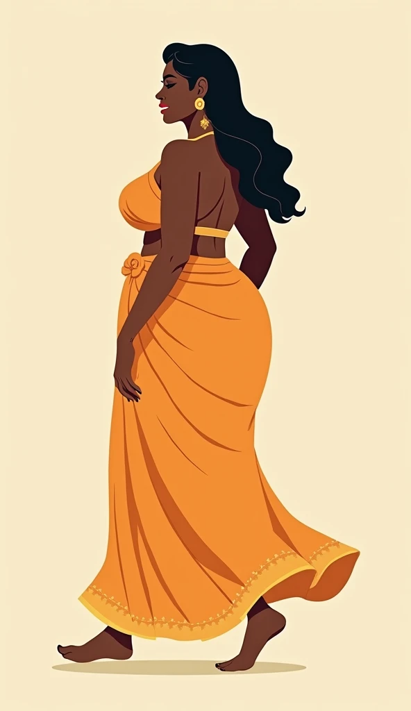 minimalist vintage illustration, walking looking sideways, full body portrait of a gorgeous rajasthani mature voluptuous woman , dark brown skin, full lips,, wavy long hair, topless, very big boobs, barefoot , curved feet, sweet smile, ligh orange embroide...