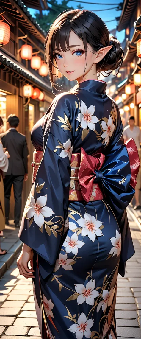 ((masterpiece)),  top quality ,  SUPER DETAILS,  high res,  Extremely Detailed CG Integrated 8K Wallpaper, HQ_HDR, ( Dynamic Angle ), ( mature body), (Very attractive high elf ), (( walks in a beautifully designed kimono)), (Flower Street Promenade), Delic...