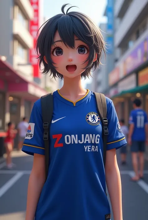 Japanese girl wearing a Chelsea FC shirt
