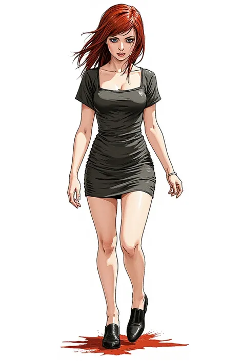 A dramatic comic book-style illustration for a visual novel, in which an adult woman with dark eyes is depicted in full height. black shoes and a dress. red hair. The drawing should be detailed and emotional, with clear lines and bright colors, on a white ...