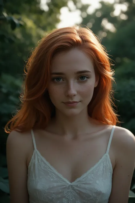 (dynamic angle:1.1),outdoors, ginger hair, photo of skinny 20yo girl, freckles, sad, soft, masterpiece, volumetric light, best quality, complimentary colors, dramatic lighting, intricate details, subsurface scattering, showing a girl with very big tits and...