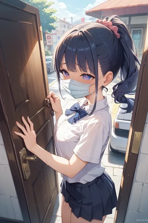 PCで配信している、 woman masturbating on PC、 The door is open showing the whole of the car、 man on the other side of the door 、 wearing a mask 、 heart in eye、 drool 、 a lot of sweat、blush